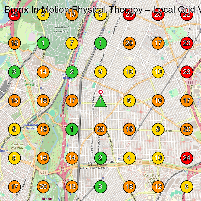 Bronx In Motion Physical Therapy Physical Therapy Clinic GeoGrid ranking map for Bronx NY